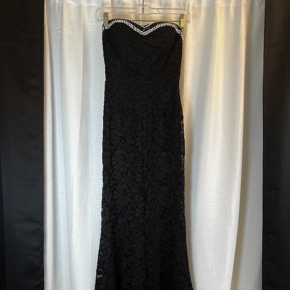 Vtg La Scala Y2K Elegant Black Lace Strapless Formal Gown‎ Pearl Neckline Medium